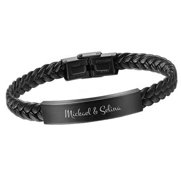 Pulsera de cuero negro trenzado con grabado - 2664