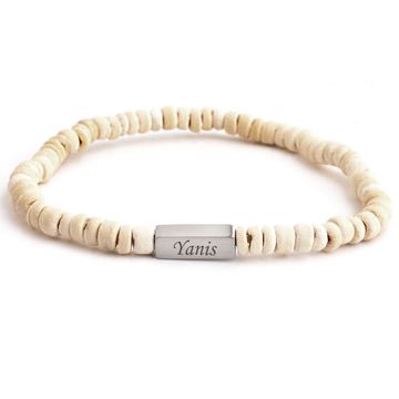 Pulsera blanca de cuentas de coco con grabado - 2939