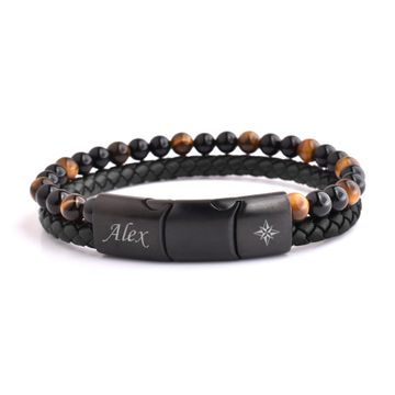 Pulsera de cuero negro con cuentas de ojo de tigre - 2468