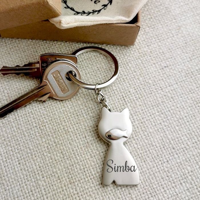 Llavero de gato de plata personalizada, llavero del gato grabado a medida,  anillo de la llave