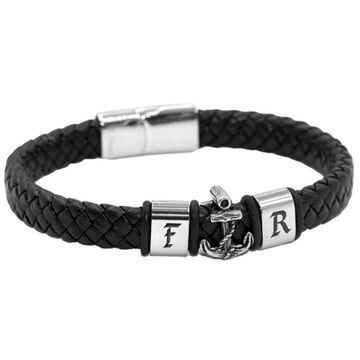 Pulsera de cuero negro trenzado con ancla - 2538