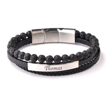 Pulsera de cuero negro con cuentas de lava - 2916