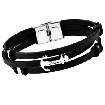 Brazalete de cuero negro con ancla y grabado - 2102