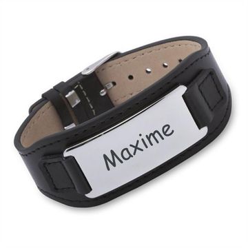 Pulsera de cuero negro con placa grabada - 0065